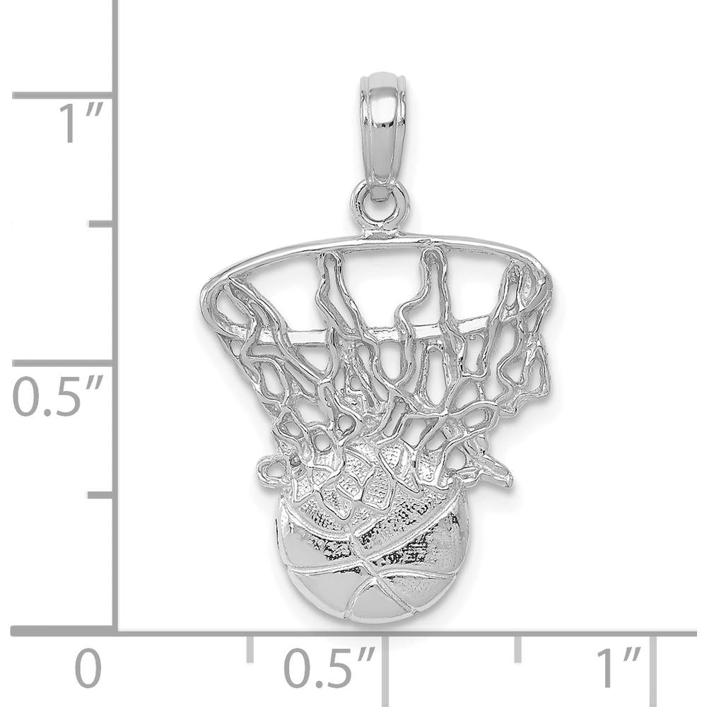 14K White Gold Swoosh Basketball and Net Pendant - Rhodium Plated Polished Finish by Oro Pregiato