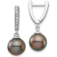 14K White Gold Tahitian Black Pearl and Diamond Dangle Earrings - 0.10 Carat Total Diamond Weight by Monteluci Fine Jewelry