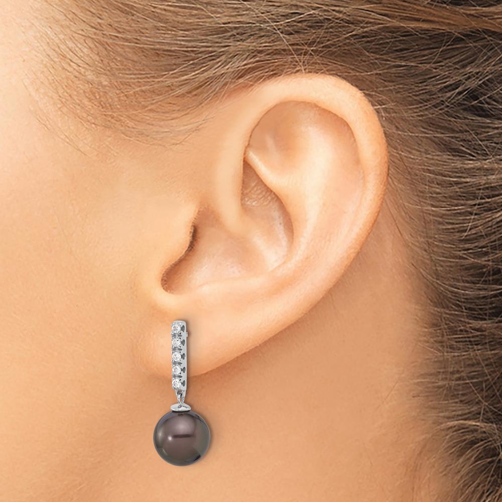 14K White Gold Tahitian Black Pearl & Diamond Drop Earrings - 0.20 Carat Total Diamond Weight by Monteluci Fine Jewelry