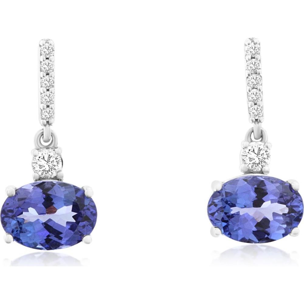14K White Gold Tanzanite and Diamond Drop Earrings with Oval Cut Tanzanite (1.70 Carat Total) and Round Diamond Accents (0.14 Carat Total) - Lever Back Closure - Royal Jewelry