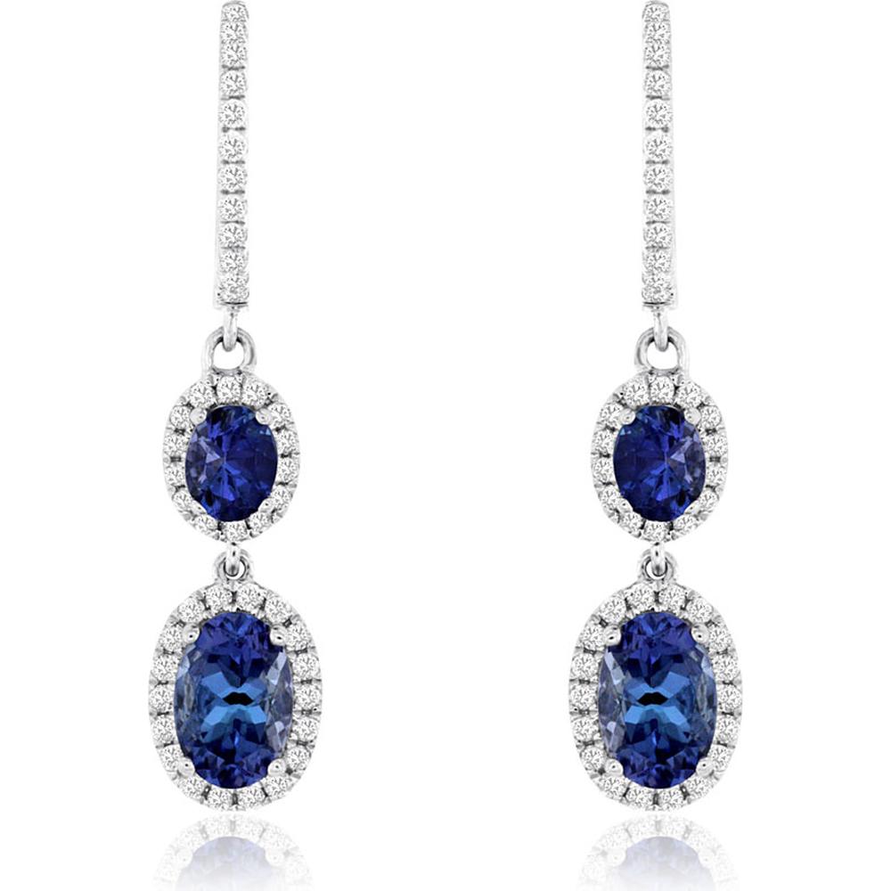 14K White Gold Tanzanite & Diamond Drop Earrings with Oval Tanzanite - 1.28 Carats Total Tanzanite Weight