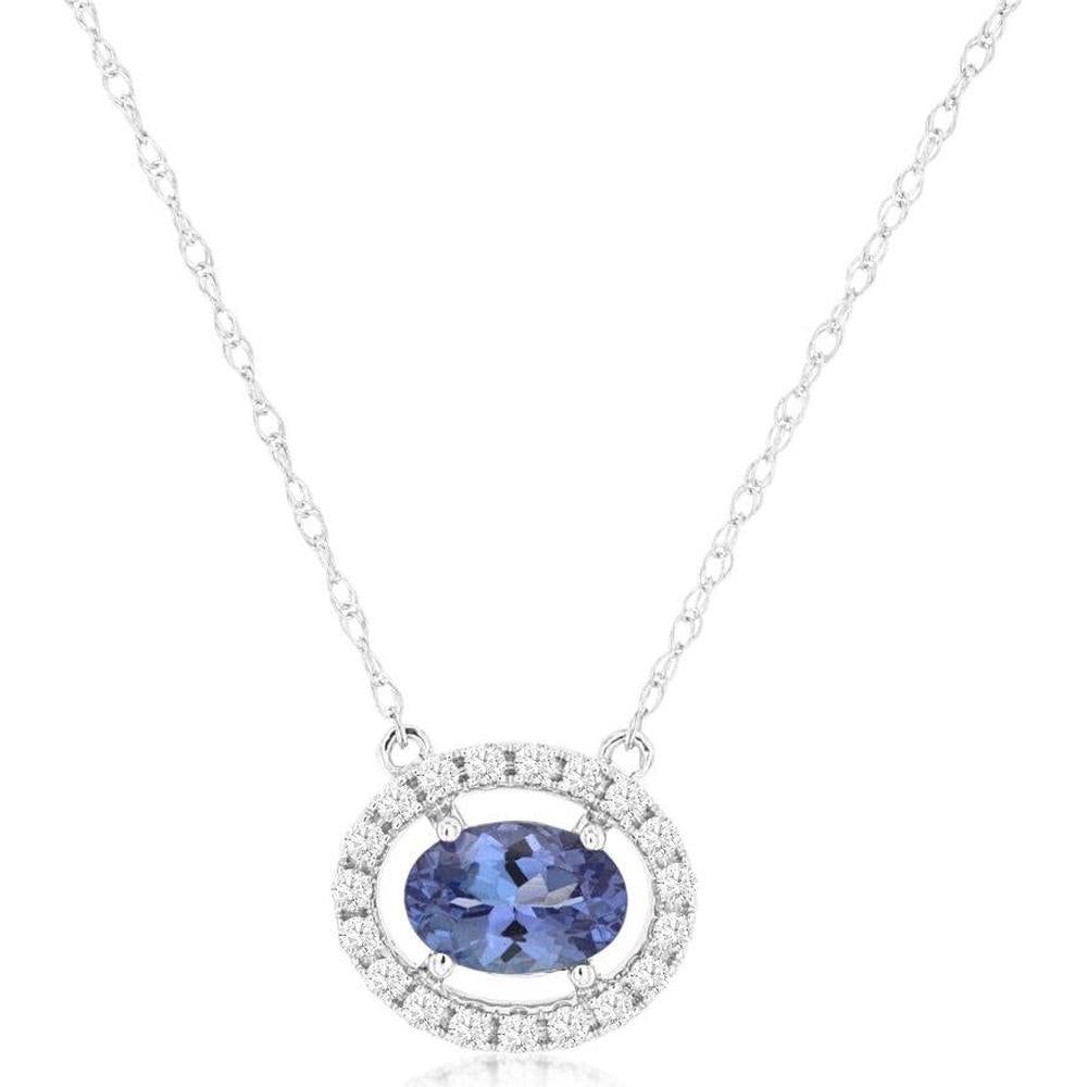 14K White Gold Tanzanite & Diamond Halo Necklace - 0.50 Carats Tanzanite Weight