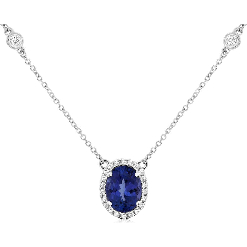 14K White Gold Tanzanite & Diamond Halo Necklace - 1.57 Carats Total Weight