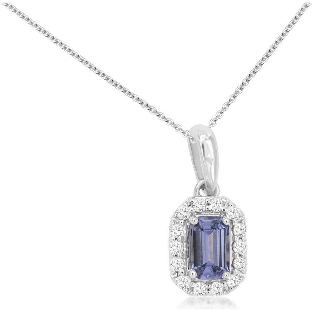 14K White Gold Tanzanite and Diamond Halo Pendant with Emerald-Cut Tanzanite - 0.32 Carat Tanzanite and 0.10 Carat Total Diamond Weight - Royal Jewelry