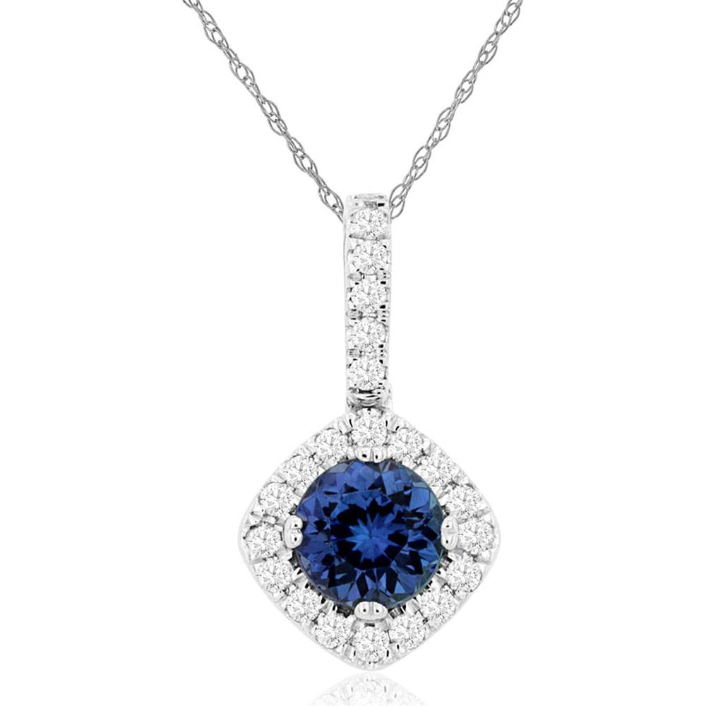14K White Gold Tanzanite and Diamond Halo Pendant with Round Cut Center Stone and Pavé Set Bail - 0.48 Carat Tanzanite and 0.16 Carat Diamond Total Weight - Royal Jewelry