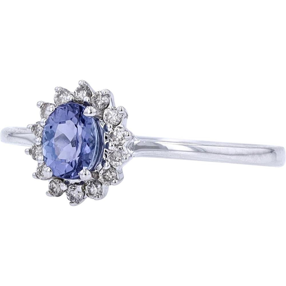 14K White Gold Tanzanite and Diamond Halo Ring - 0.35 Carat Tanzanite, 0.14 Carat Total Diamond Weight