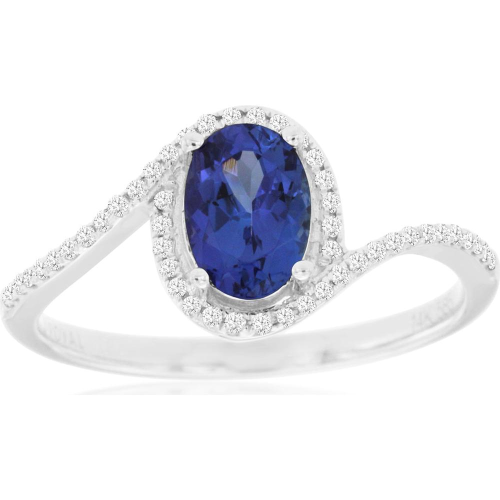 14K White Gold Tanzanite & Diamond Halo Ring - 0.84 Carats Tanzanite, 0.14 Carats Diamond Total Weight