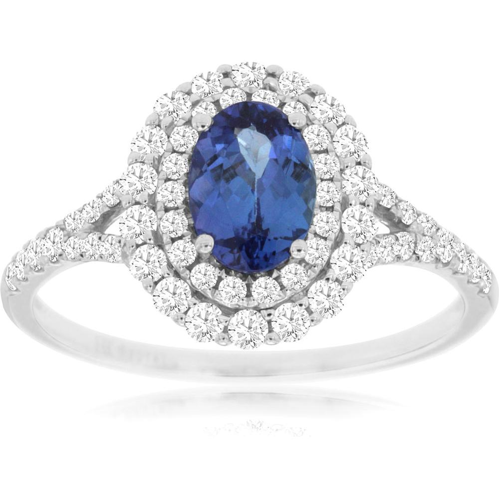14K White Gold Tanzanite and Diamond Halo Ring - 1.34 Carats Total Gem Weight