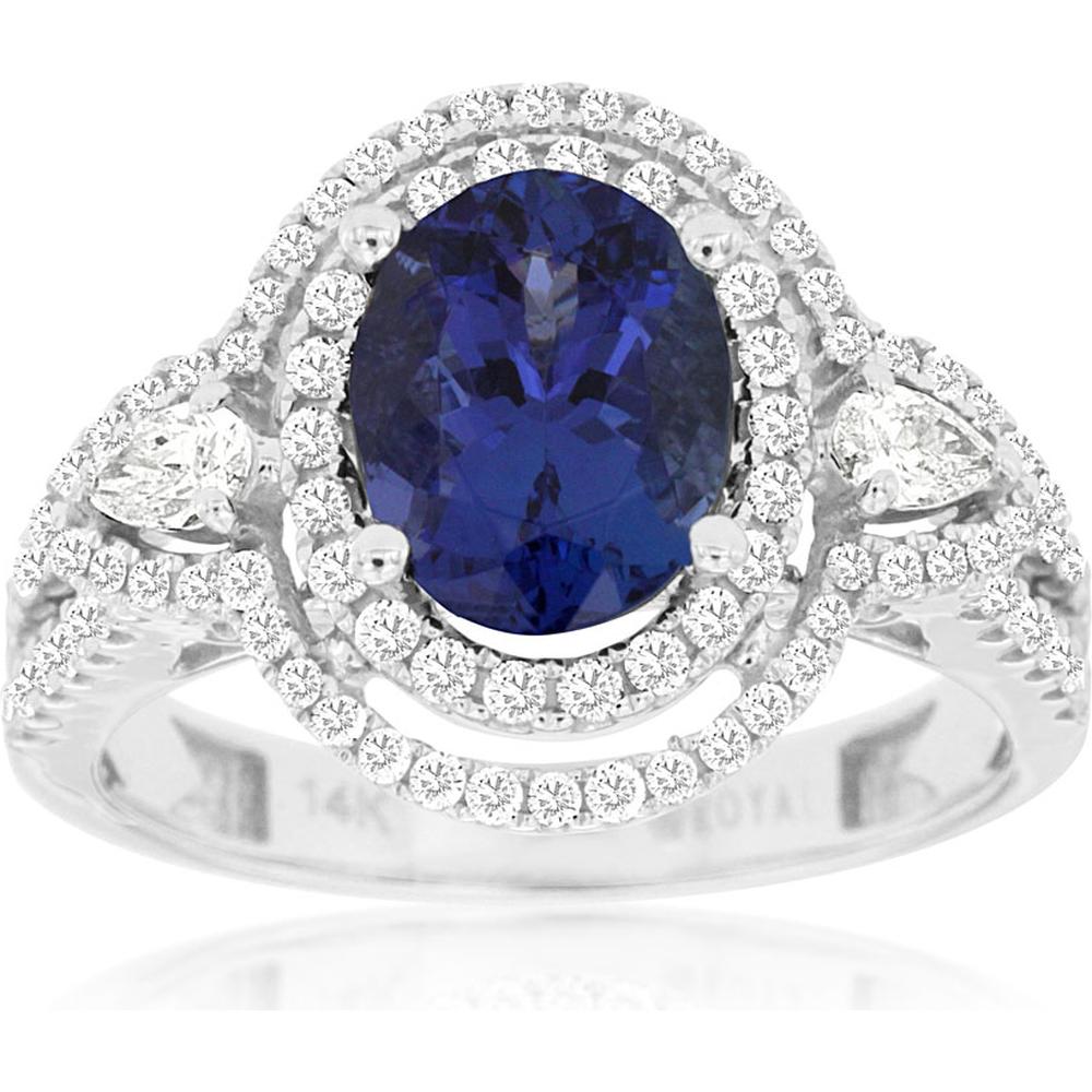 14K White Gold Tanzanite & Diamond Halo Ring - 2.00 Carats Tanzanite, 0.72 Carats Total Diamond Weight