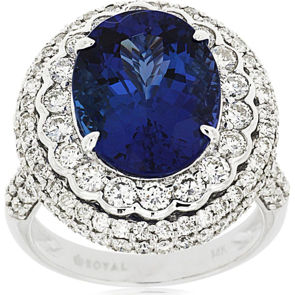 14K White Gold Tanzanite & Diamond Halo Ring - 5.60 Carats Tanzanite, 2.00 Carats Diamond Total Weight