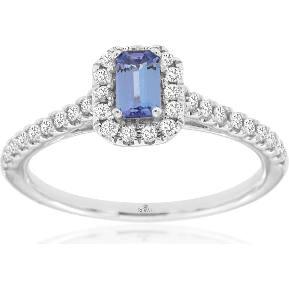 14K White Gold Tanzanite & Diamond Halo Ring with Emerald Cut Tanzanite - 0.32 Carats Tanzanite, 0.30 Carats Total Diamond Weight