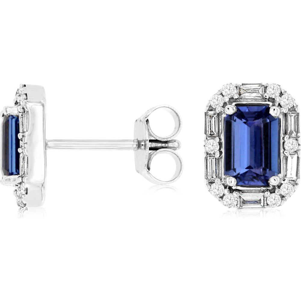14K White Gold Tanzanite & Diamond Halo Stud Earrings with Emerald Cut Tanzanite and Round/Baguette Diamonds - 1.47 Carat Total Gem Weight - Royal Jewelry