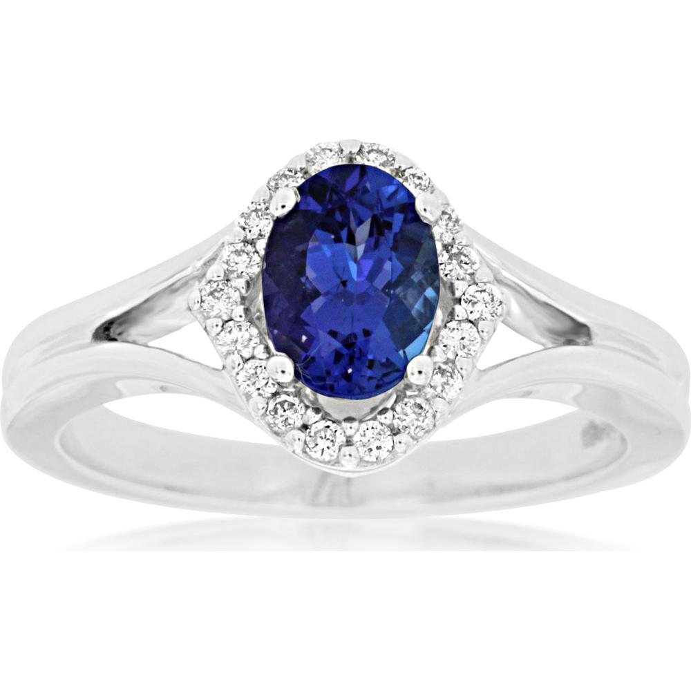 14K White Gold Tanzanite & Diamond Oval Halo Ring - 1.00 Carats Total Gem Weight