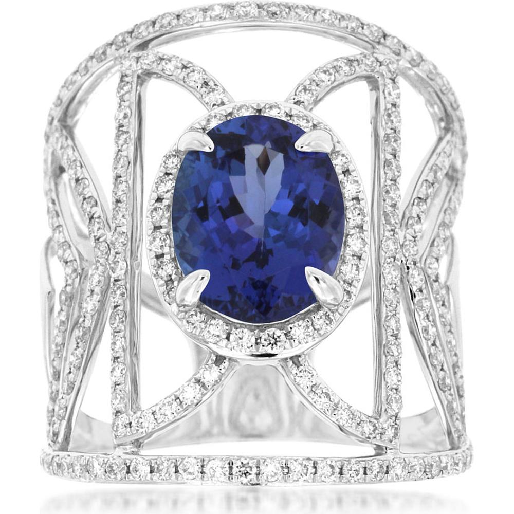 14K White Gold Tanzanite & Diamond Oval Ring - 4.05 Carats Total Gem Weight