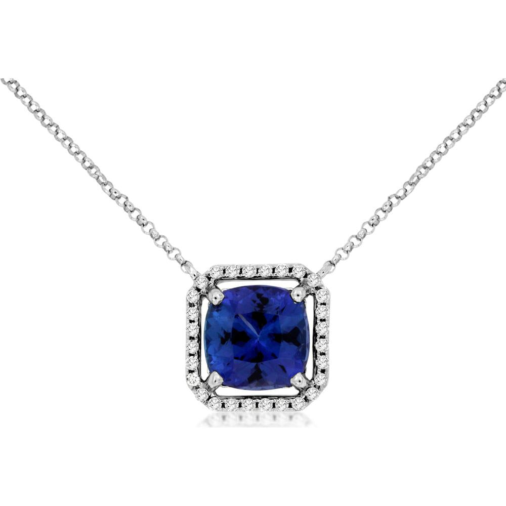 14K White Gold Tanzanite and Diamond Pendant - 2.70 Carats Tanzanite & 0.14 Carats Diamond Halo