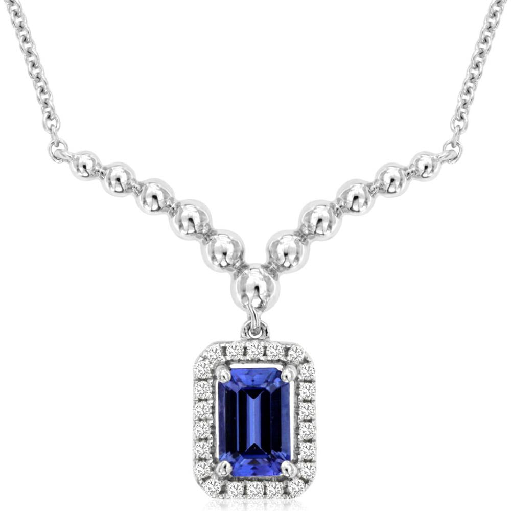 14K White Gold Tanzanite and Diamond Pendant Necklace with Emerald Cut Tanzanite - 0.60 Carats Tanzanite and 0.10 Carats Total Diamond Weight