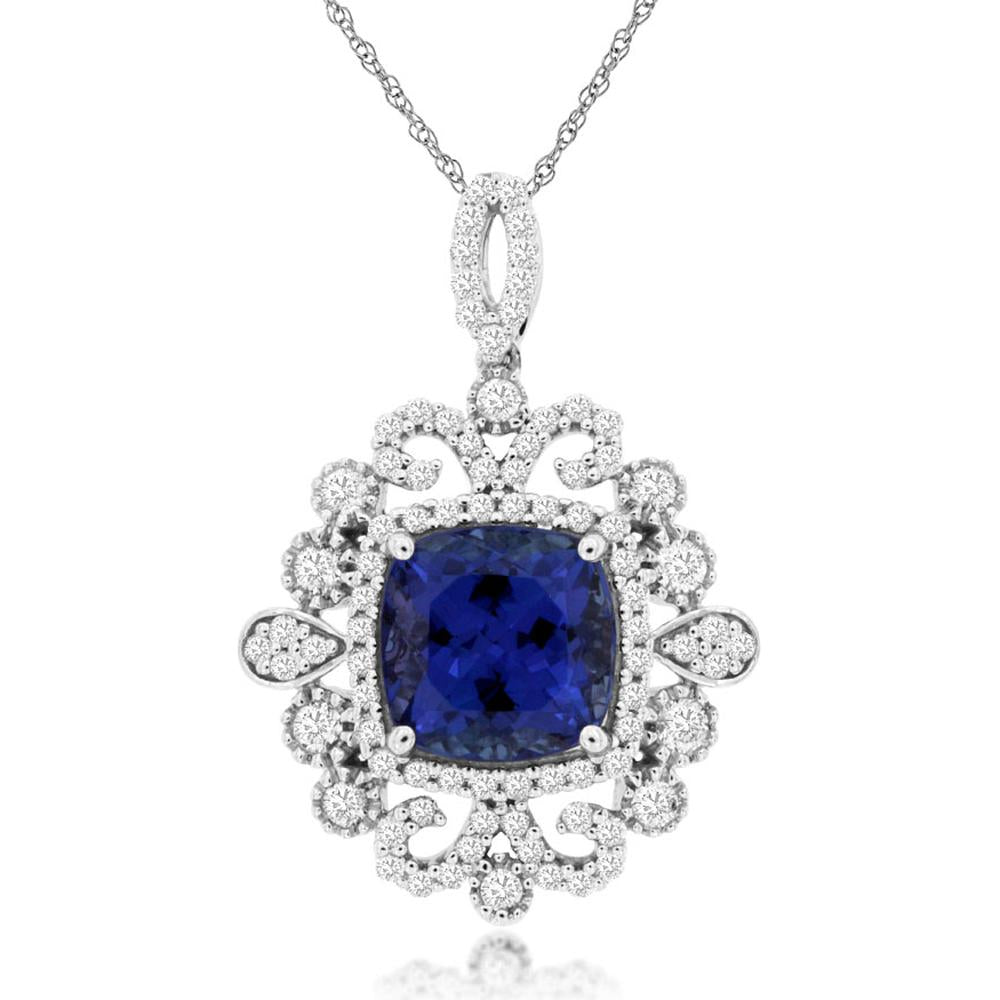 14K White Gold Tanzanite & Diamond Pendant with Cushion Cut Tanzanite - 2.40 Carats Tanzanite, 0.57 Carats Total Diamond Weight
