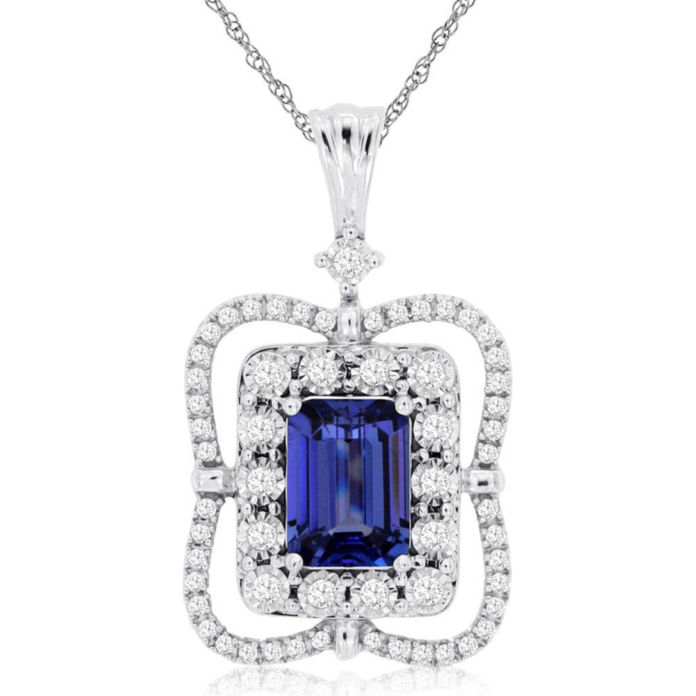 14K White Gold Tanzanite & Diamond Pendant with Emerald Cut Tanzanite - 1.40 Carats Total Gem Weight