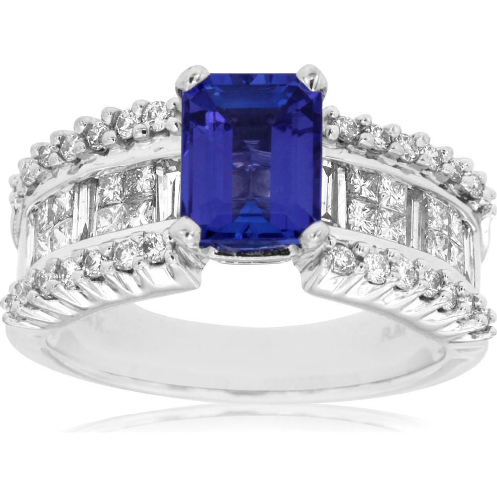 14K White Gold Tanzanite & Diamond Ring with Emerald Cut Tanzanite and Baguette & Round Diamonds - 2.65 Carats Total Gem Weight