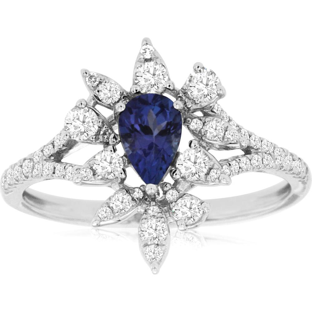 14K White Gold Tanzanite & Diamond Ring with Pear-Shaped Tanzanite - 0.42 Carats Tanzanite, 0.45 Carats Total Diamond Weight