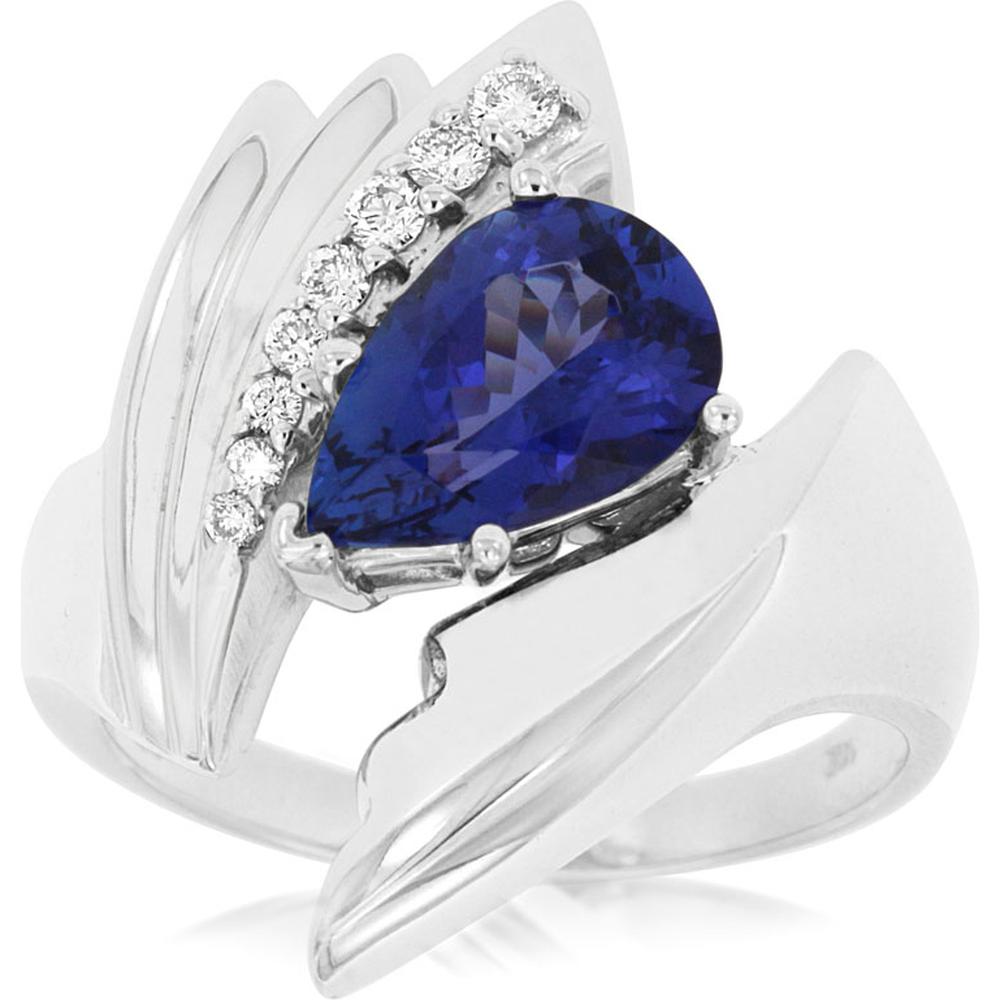 14K White Gold Tanzanite & Diamond Ring with Pear-Shaped Tanzanite - 2.10 Carats Tanzanite, 0.16 Carats Diamond Total Weight