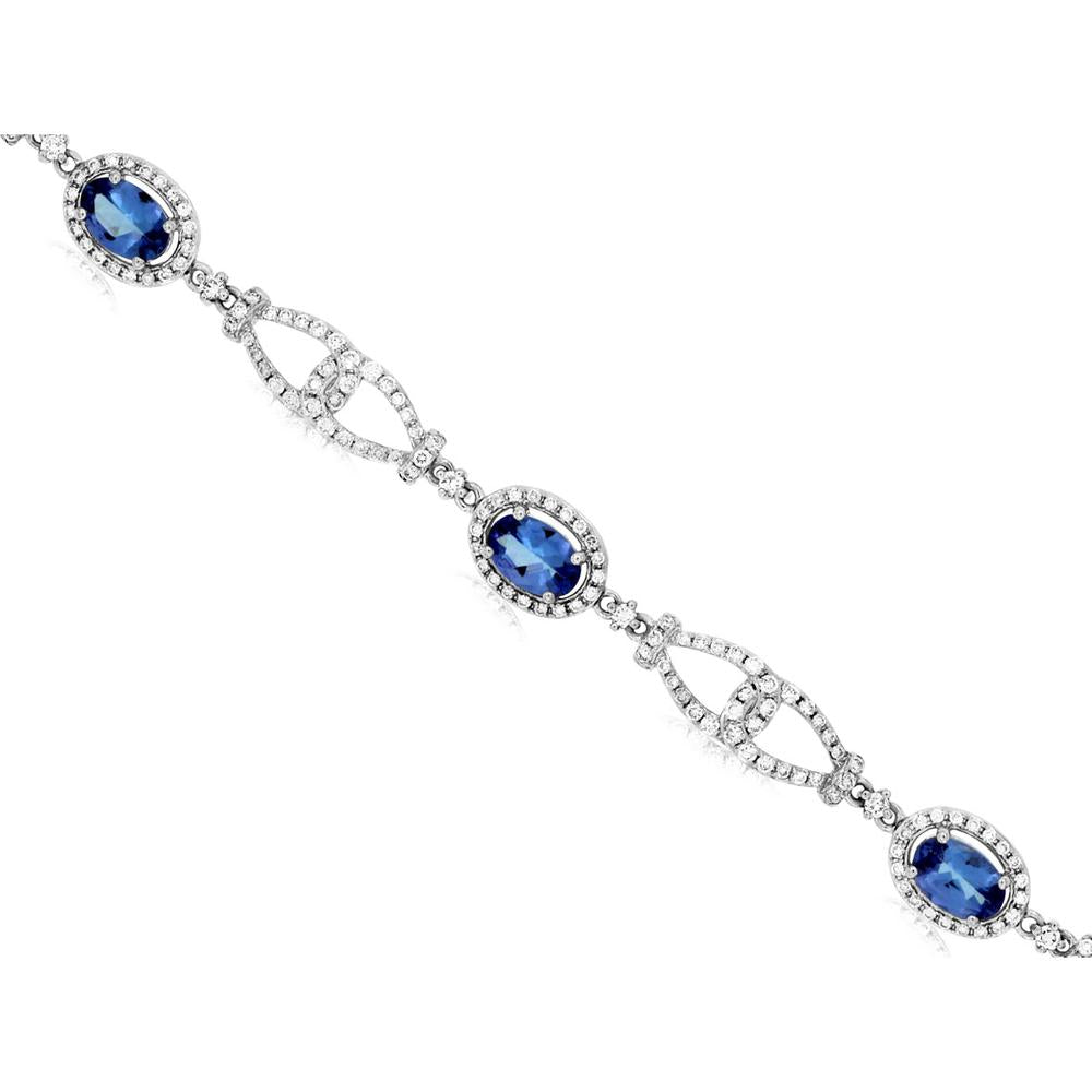 14K White Gold Tanzanite and Diamond Station Bracelet with Oval Tanzanite and Diamond Halo Links - 3.00 Carat Total Tanzanite Weight and 1.44 Carat Total Diamond Weight - Royal Jewelry