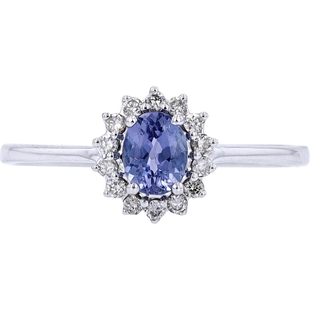 14K White Gold Tanzanite Center Ring with Diamond Halo - 0.35 Carat Tanzanite, 0.14 Carat Total Diamond Weight
