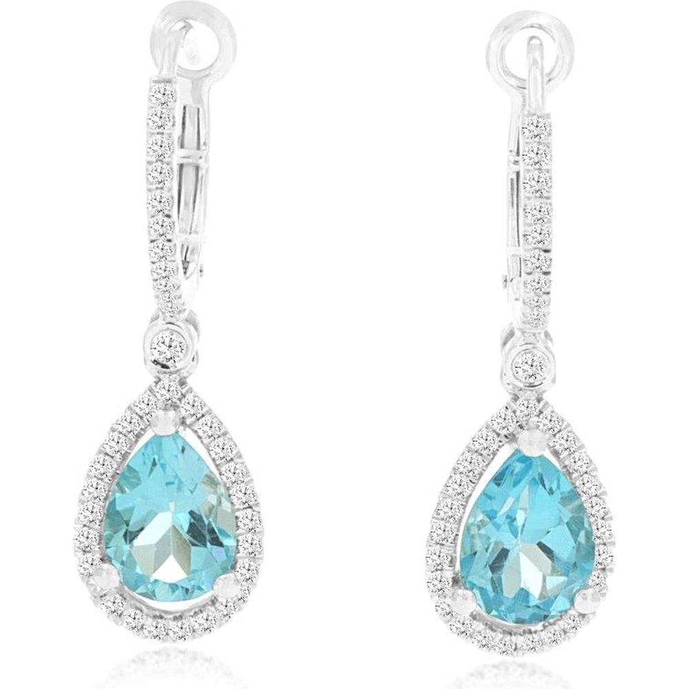 14K White Gold Teardrop Blue Topaz and Diamond Halo Earrings - 2.40 Carats Total Blue Topaz Weight