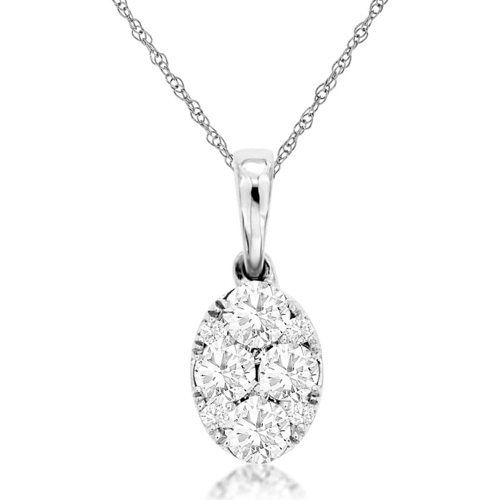 14K White Gold Teardrop Cluster Pendant Necklace with Illusion-Set Round Diamonds and Pavé Halo - 0.50 Carat Total Diamond Weight - Royal Jewelry