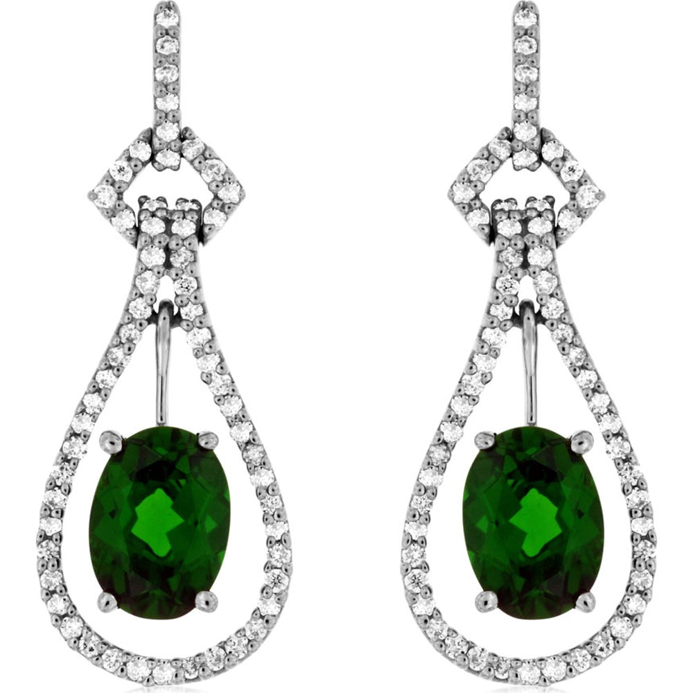 14K White Gold Teardrop Dangle Earrings with Oval Russalite and Pavé Diamond Halo - 1.90 Carat Total Russalite Weight and 0.34 Carat Total Diamond Weight - Royal Jewelry