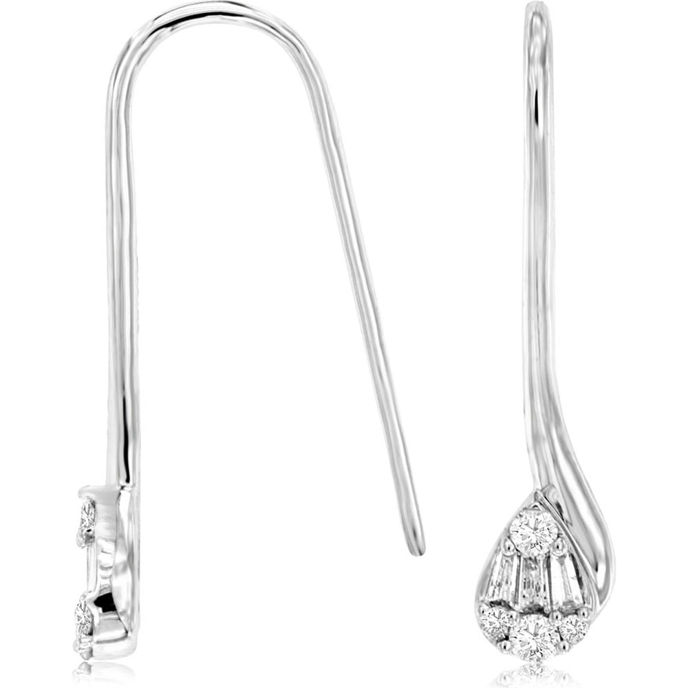 14K White Gold Teardrop Dangle Earrings with Round and Baguette Diamond Cluster - 0.20 Carat Total Diamond Weight - Royal Jewelry