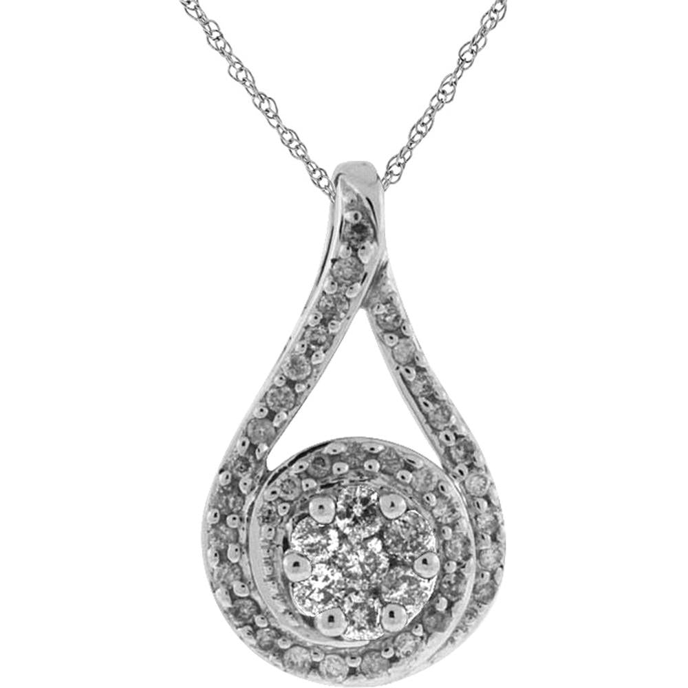 14K White Gold Teardrop Diamond Pendant with Round Brilliant Cluster and Milgrain Details - 0.40 Carat Total Diamond Weight - Royal Jewelry