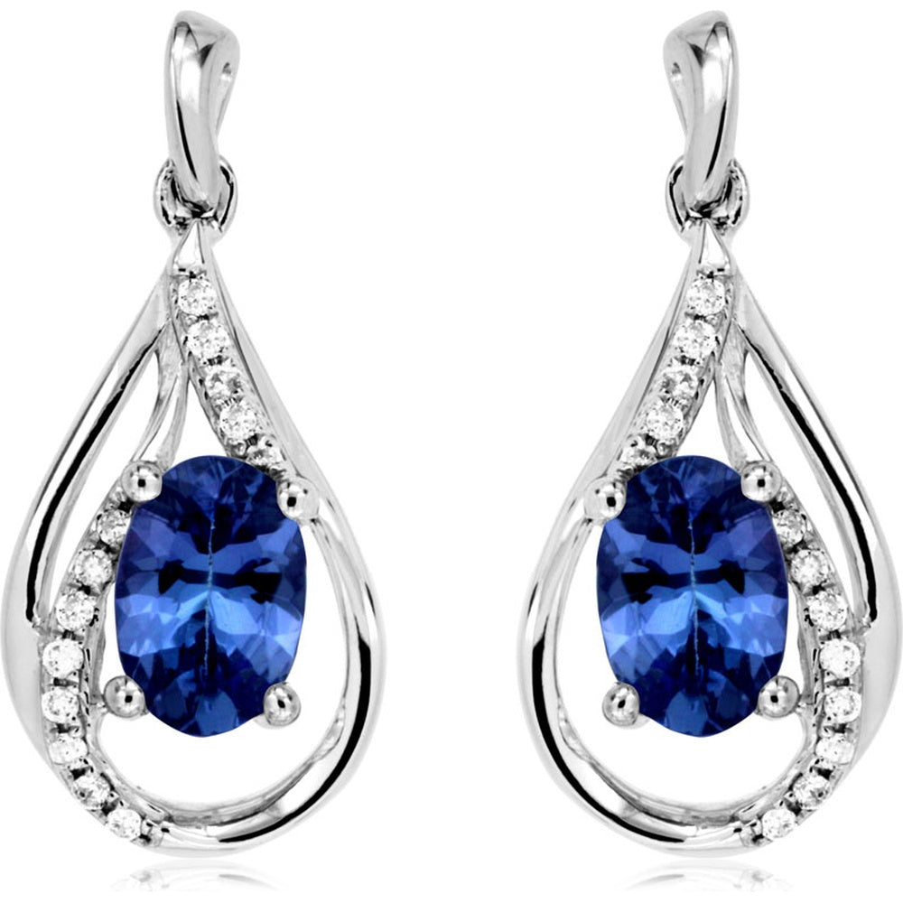 14K White Gold Teardrop Drop Earrings with 1.00 Carat Total Oval Tanzanite and 0.10 Carat Total Round Diamond Accents - Vintage-Inspired Post-Back Fine Jewelry for Her - Royal Jewelry