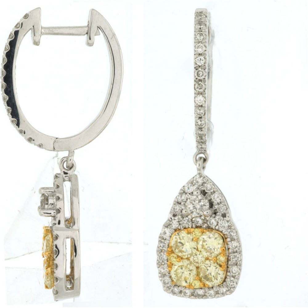 14K White Gold Teardrop Drop Earrings with Double Halo White and Yellow Diamonds - 0.67 Carat Total White Diamond Weight and 0.75 Carat Total Yellow Diamond Weight - Royal Jewelry