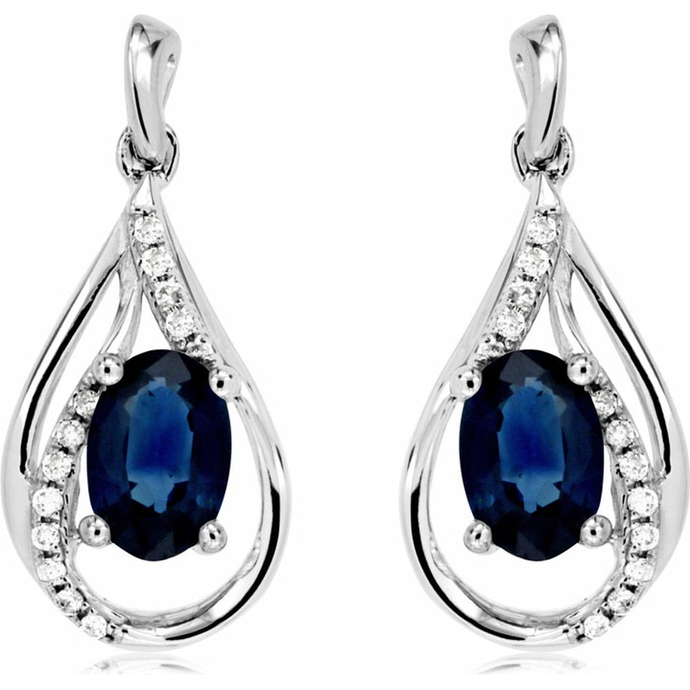 14K White Gold Teardrop Drop Earrings with Oval Sapphires and Pavé-Set Diamond Accents - 1.30 Carat Total Sapphire Weight and 0.10 Carat Total Diamond Weight - Royal Jewelry