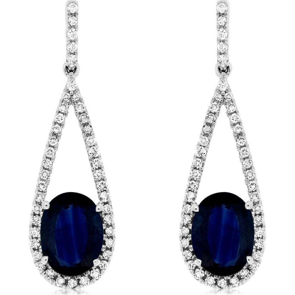 14K White Gold Teardrop Drop Earrings with Oval Sapphires and Pavé-Set Round Diamonds - 2.00 Carat Total Sapphire Weight and 0.35 Carat Total Diamond Weight - Royal Jewelry