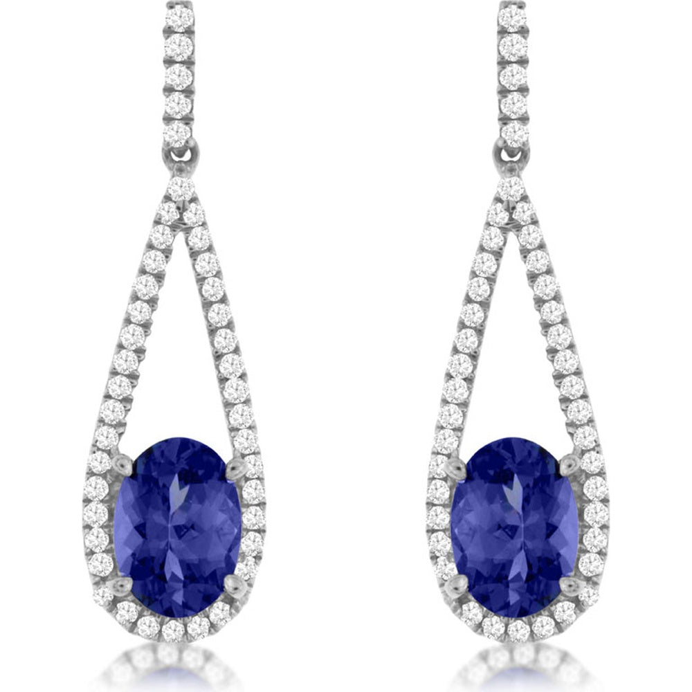14K White Gold Teardrop Drop Earrings with Oval Tanzanite and Pave Diamond Halo - 1.65 Carat Total Tanzanite Weight and 0.35 Carat Total Diamond Weight - Royal Jewelry