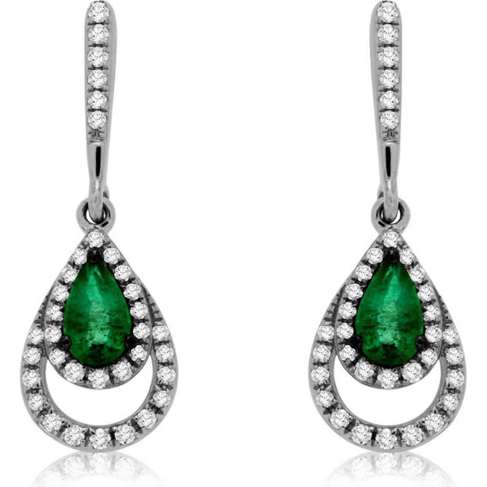 14K White Gold Teardrop Drop Earrings with Pear-Shaped Emeralds and Milgrain Diamond Halos - 0.42 Carat Total Emerald Weight and 0.20 Carat Total Diamond Weight - Royal Jewelry