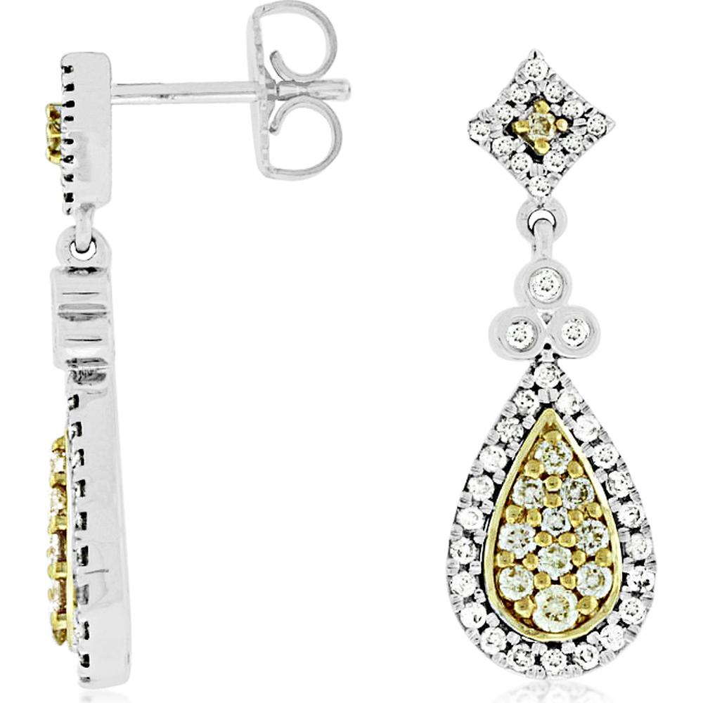 14K White Gold Teardrop Earrings with Yellow and White Diamonds - 0.83 Carats Total Diamond Weight