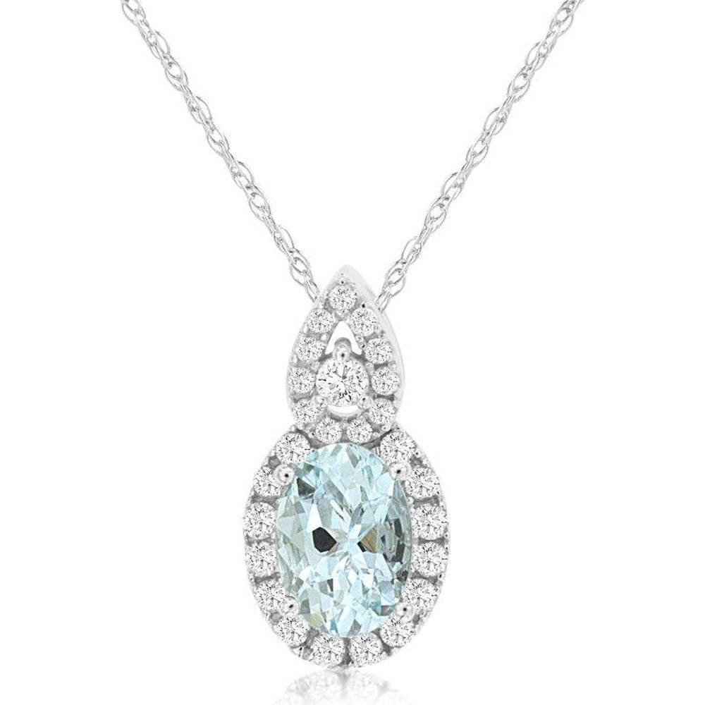 14K White Gold Teardrop Halo Pendant Necklace with Oval Aquamarine and Pavé Set Round Diamonds - 1.10 Carat Aquamarine and 0.22 Carat Total Diamond Weight - Royal Jewelry