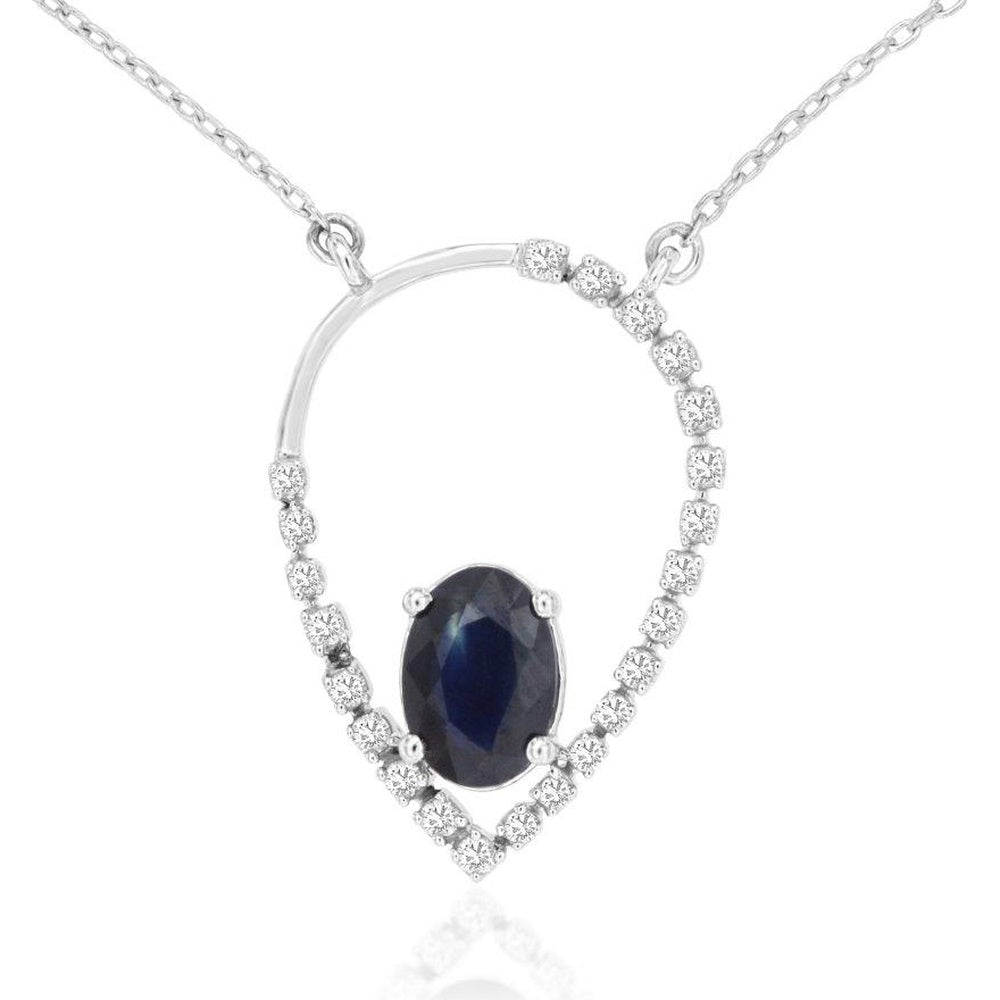 14K White Gold Teardrop Halo Pendant Necklace with Oval Sapphire and Round Diamonds - 1.00 Carat Sapphire and 0.16 Carat Total Diamond Weight - Royal Jewelry