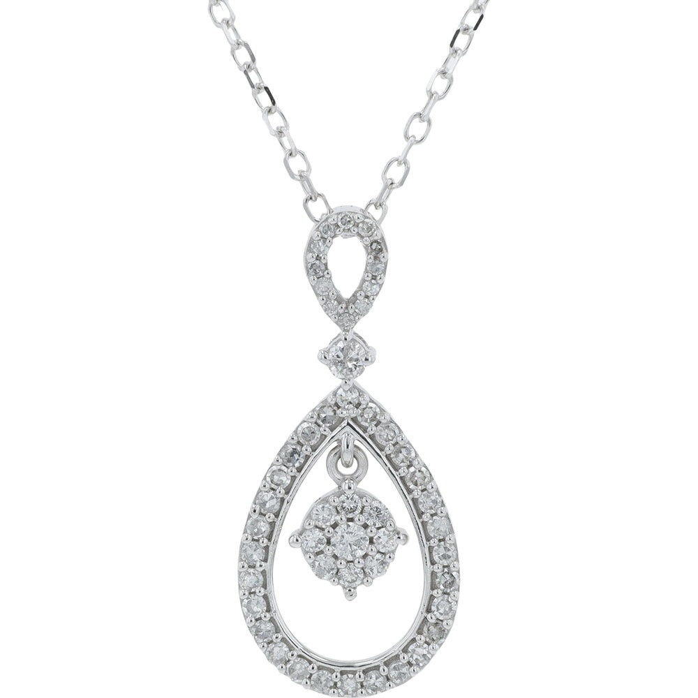 14K White Gold Teardrop Halo Pendant with Dancing Floral Cluster Diamonds - 0.35 Carat Total Diamond Weight