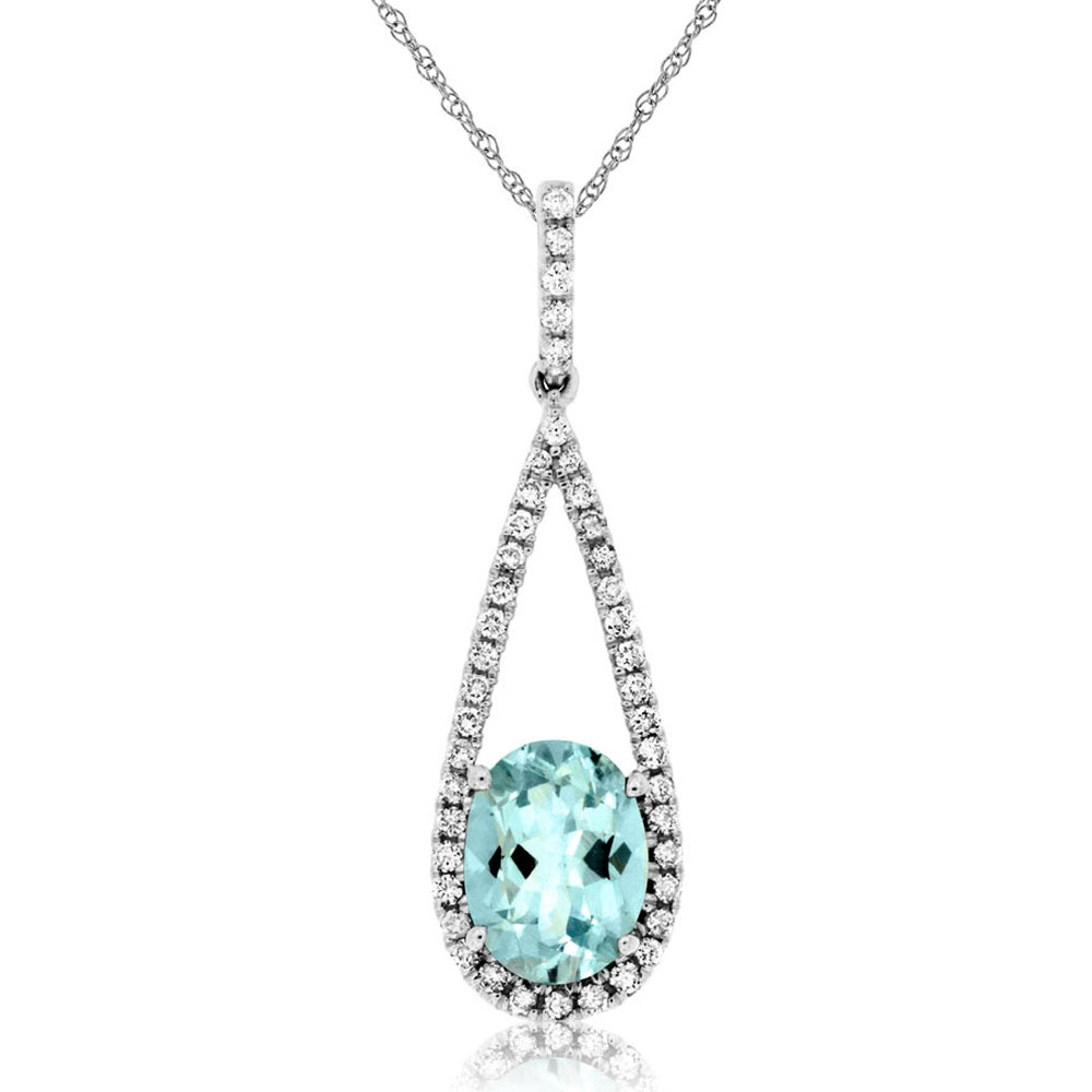 14K White Gold Teardrop Halo Pendant with Oval Aquamarine and Round Diamond Accents - 1.10 Carat Aquamarine and 0.23 Carat Total Diamond Weight - Royal Jewelry