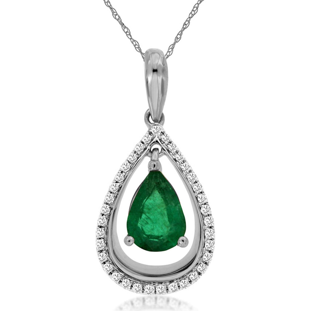 14K White Gold Teardrop Halo Pendant with Pear-Cut Emerald and Round Diamonds - 0.68 Carat Emerald and 0.10 Carat Total Diamond Weight - Royal Jewelry