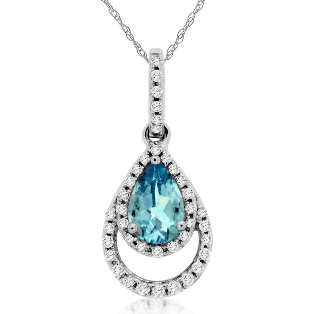 14K White Gold Teardrop Halo Pendant with Pear-Shaped Aquamarine and Round Diamonds - 0.35 Carat Aquamarine and 0.11 Carat Total Diamond Weight - Royal Jewelry