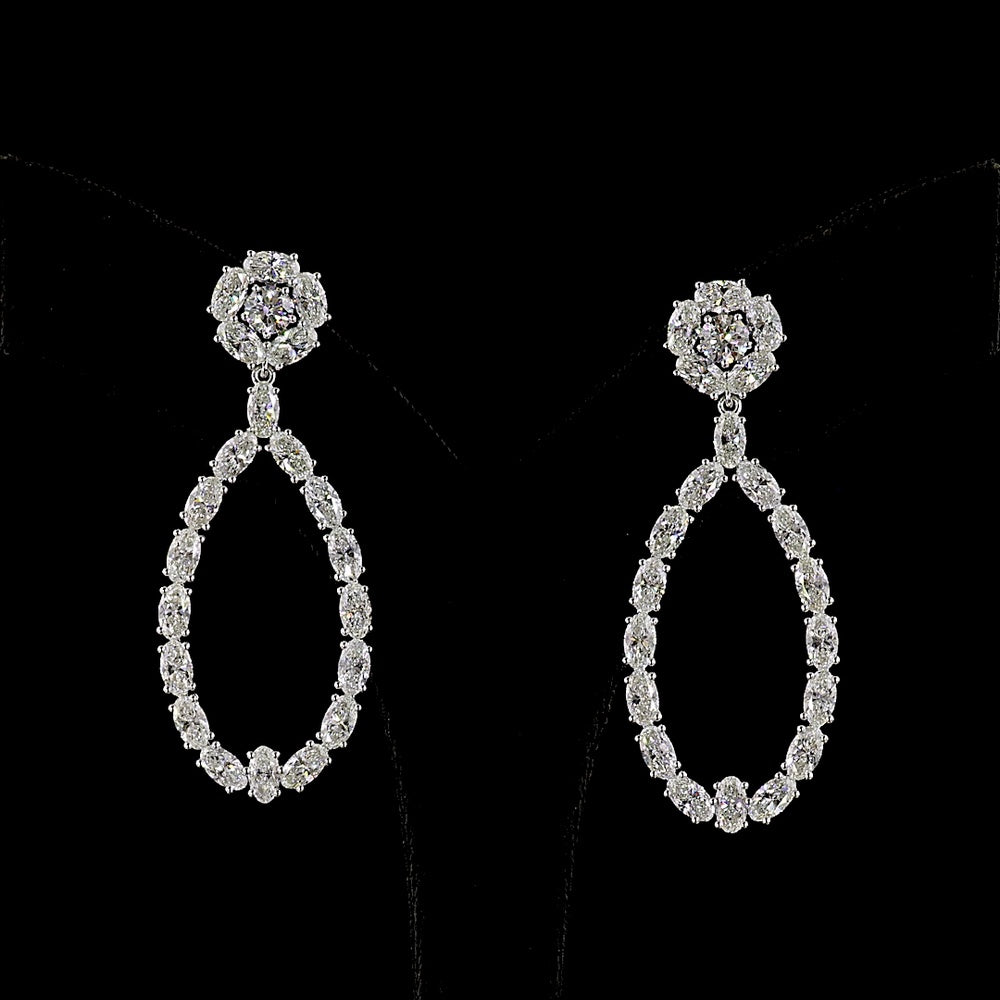 14K White Gold Teardrop Hanging Earrings with Round and Oval Cut Lab Diamonds - 8.32 Carat Total Diamond Weight - Covaloro Fine Jewelry