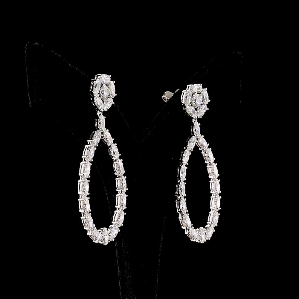 14K White Gold Teardrop Hanging Earrings with Round and Oval Cut Lab Diamonds - 8.32 Carat Total Diamond Weight - Covaloro Fine Jewelry