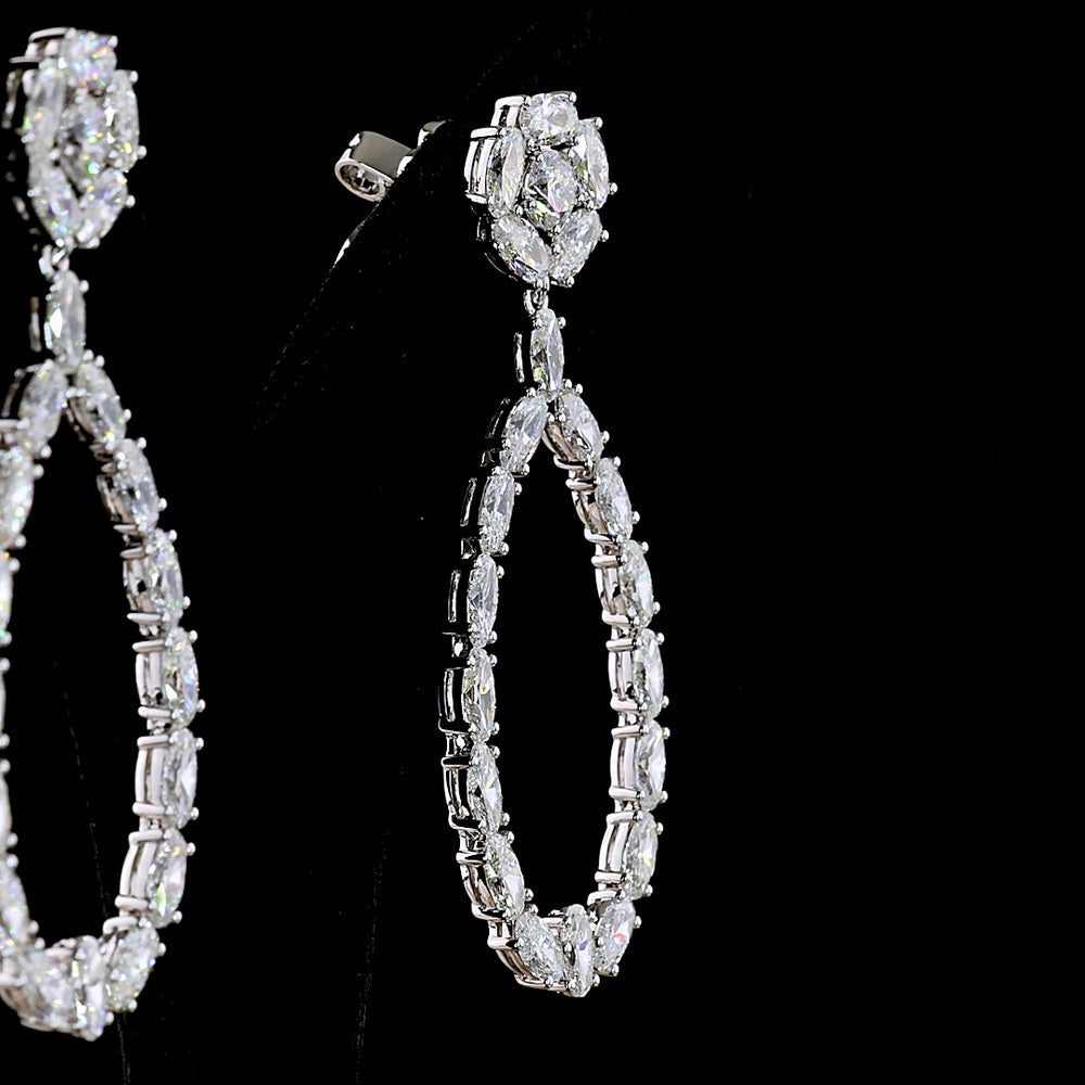 14K White Gold Teardrop Hanging Earrings with Round and Oval Cut Lab Diamonds - 8.32 Carat Total Diamond Weight - Covaloro Fine Jewelry