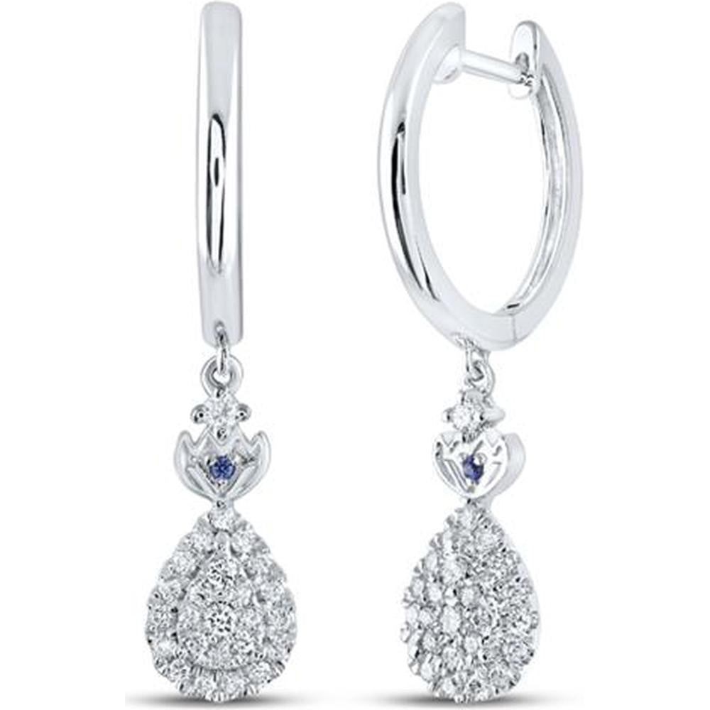 14K White Gold Teardrop Hoop Dangle Earrings with Round Diamonds and Blue Sapphires - 1/3 Carat Total Diamond Weight