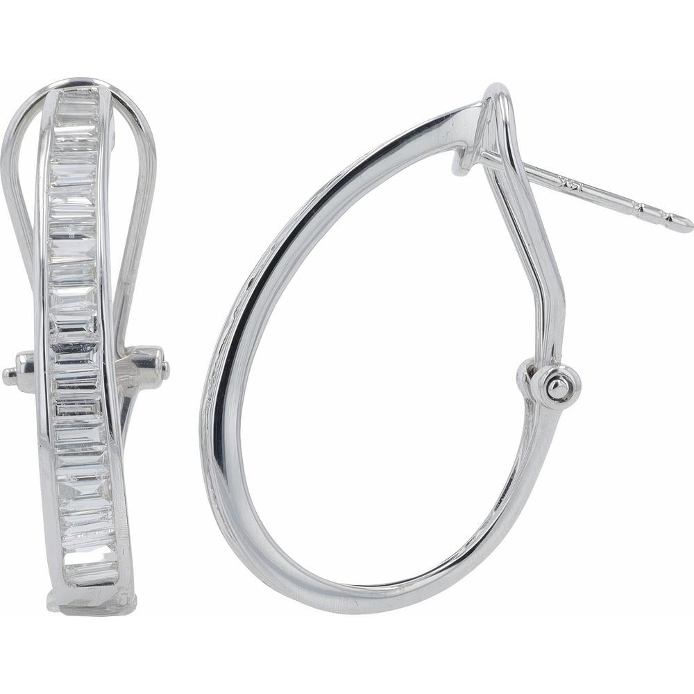14K White Gold Teardrop Hoop Earrings with Baguette Lab-Grown Diamonds - 1.00 Carats Total Diamond Weight